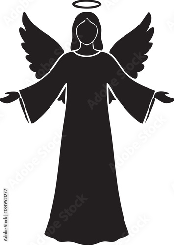 Black angel silhouette with wings and halo in a holy seamless pattern backdrop