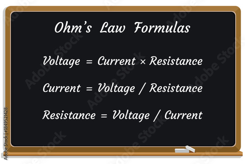 Ohm's Law on a black chalkboard. Education. Science. Formula. Vector illustration.