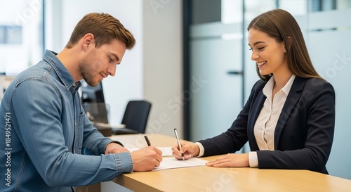 Wallpaper Mural Young man in denim shirt signing contract with female bank teller at desk Torontodigital.ca