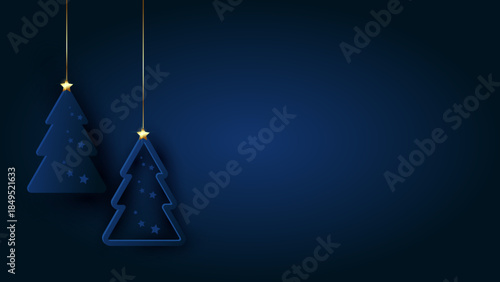Christmas background with firs. Decorations on navy backdrop
