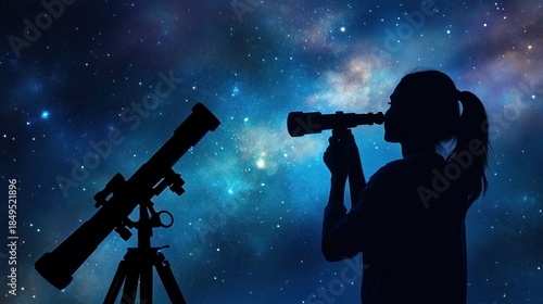 Girl observing cosmos with telescope