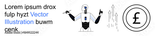 Artificial intelligence, technology innovation, financial growth, robotics automation, digital economy, currency trends. Robot pointing towards currency growth with arrows. Technology and financial