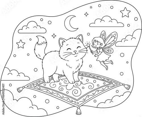Cute Cat on Magic Flying Carpet with Fairy Illustration, Smiling Kitten and Fairy Wand in Night Sky, Fantasy Cartoon Line Art Coloring Page for Kids