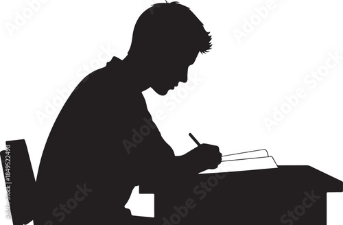 Student Studying Silhouette Writing in Notebook

Focused Boy Studying with Desk Lamp and Books

Academic Success Student Writing Silhouette Illustration