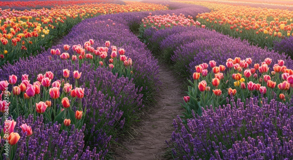 Obraz premium Serene Lavender and Tulip Field at Sunrise: A Path of Pastel Hues