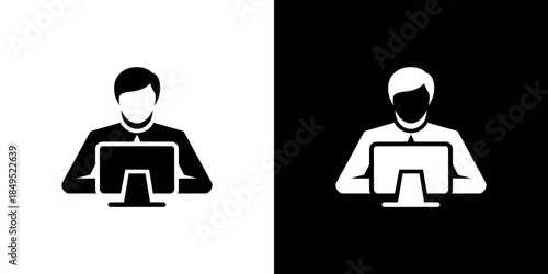 Man Silhouette at Desktop PC Computer Monitor, Flat Icon Illustration, Transparent