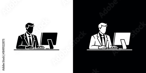 Man Silhouette at Desktop PC Computer Monitor, Flat Icon Illustration, Transparent