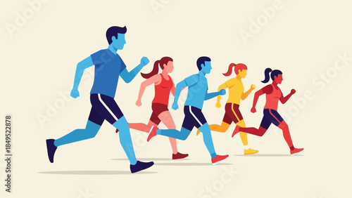 Diverse group of athletes participating in a competitive running race, showcasing fitness and healthy lifestyle choices