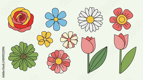 Collection of Vibrant Floral Illustrations Featuring Diverse Flower Designs in a Flat Style
