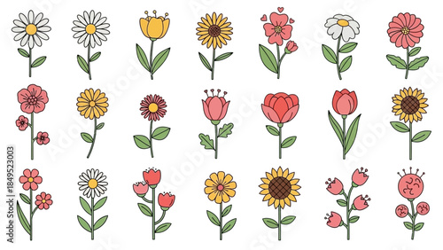Collection of Vibrant and Diverse Hand-Drawn Flowers Perfect for Spring and Summer Designs