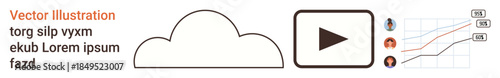 Cloud storage, video content, data trends, streaming media, technology analysis, digital communication. Cloud shape, play button line graph with user icons. Cloud storage and video streaming