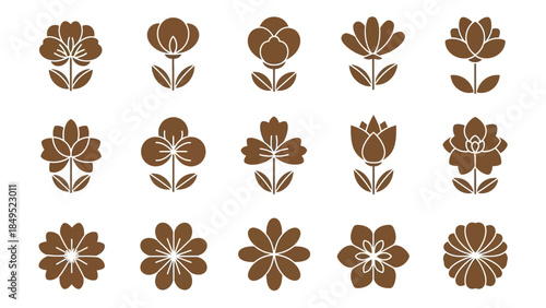 Collection of stylized brown flowers, each with unique petal and leaf arrangements, presented in a grid for easy selection