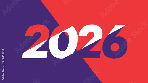 A stylized graphic displaying the year 2026 in bold white font against a vibrant split background of deep purple and striking red