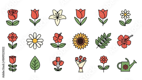 Set of various flower and plant icons, including roses, tulips, lilies, daisies, sunflowers, and a watering can