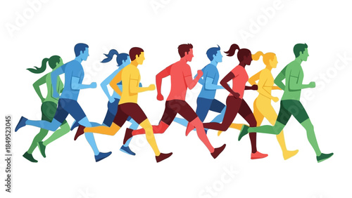 Diverse group of people running together, symbolizing fitness, competition, and healthy lifestyle choices