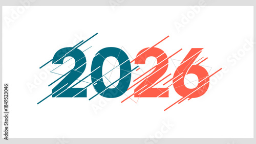 Modern 2026 typographic design with abstract lines and vibrant color accents symbolizing future events and progress