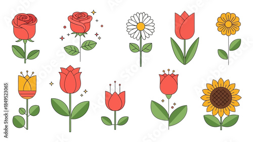 Collection of various stylized flowers in a flat design illustration