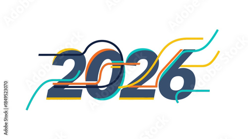 2026 Year Text Design with Colorful Flowing Lines and Connections, Futuristic Concept