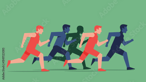 Illustration of runners in a race, showcasing competition and athleticism in a stylized, graphic art style