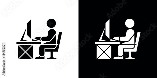 Man Silhouette at Desktop PC Computer Monitor, Flat Icon Illustration, Transparent