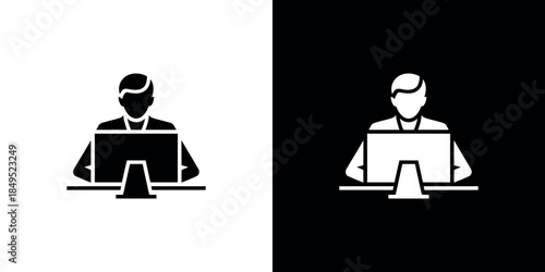 Man Silhouette at Desktop PC Computer Monitor, Flat Icon Illustration, Transparent
