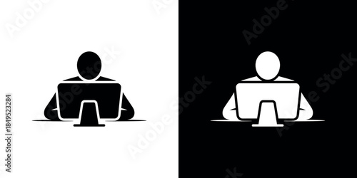 Man Silhouette at Desktop PC Computer Monitor, Flat Icon Illustration, Transparent