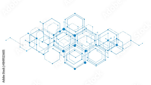Dynamic abstract technology background with interconnected blue hexagons and dots, symbolizing secure data networks, digital innovation, and global communication infrastructure