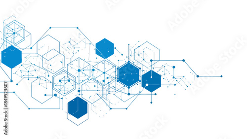 Abstract geometric network of interconnected blue hexagons and lines on a white background, representing digital connectivity and data flow