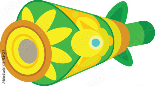 Brightly colored toy kaleidoscope with floral pattern and fins