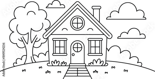 Simple House Line Art Illustration with Tree, Clouds and Garden in Minimal Black and White Outline Style for Coloring Pages, Kids Education and Home Design Concepts.