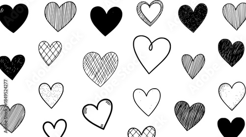 A charming pattern of diverse hand-drawn red heart illustrations, with mixed textured and outlined styles, symbolizing love, affection, and romance for heartfelt design projects
