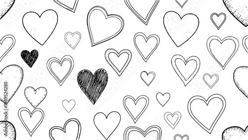 A charming pattern of diverse hand-drawn red heart illustrations, with mixed textured and outlined styles, symbolizing love, affection, and romance for heartfelt design projects