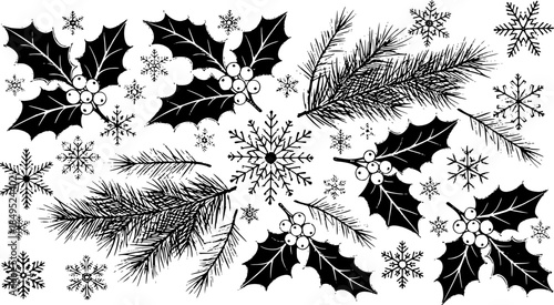 Chalkboard Christmas Decorations A Festive Pattern of Holly, Pine, and Snowflakes
