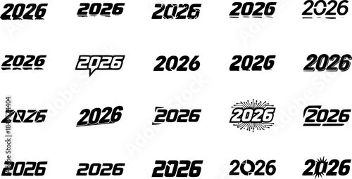 Big Set of 2026 Happy New Year logo text design. Collection of 2026Happy New Year symbols. Vector illustration with black labels isolated on white background.