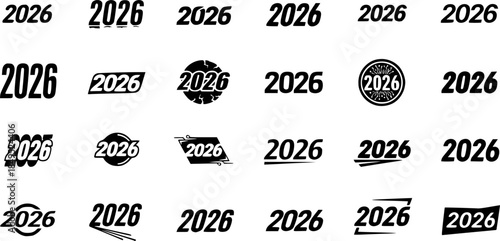 Big Set of 2026 Happy New Year logo text design. Collection of 2026Happy New Year symbols. Vector illustration with black labels isolated on white background.