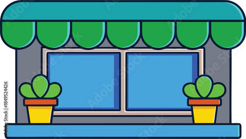Cartoon storefront with green awning and potted plants on windowsill