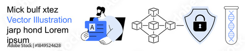 Cybersecurity, blockchain, biotech, data analysis, digital security, networking. Businessman analyzing data, blockchain structure shield with lock DNA graphic. Cybersecurity and blockchain concept
