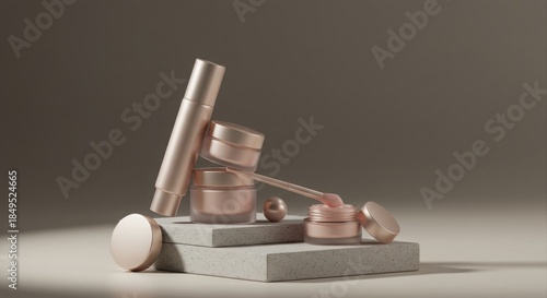 Rose gold cosmetic display with skincare jars.