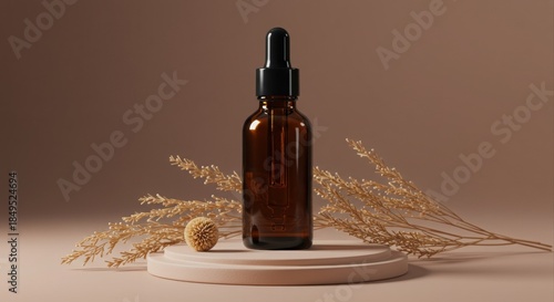 Amber dropper bottle on neutral display.