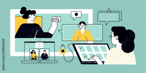 Online meeting and remote collaboration with multiple participants shown in illustration