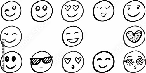 Collection of hand drawn black and white smiley faces expressing various emotions