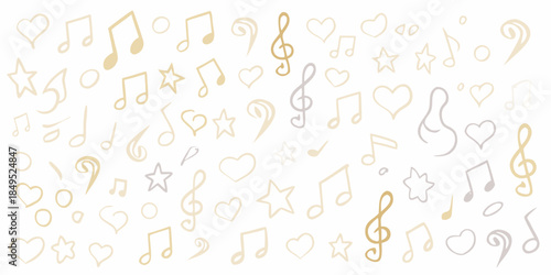 A delicate pattern of musical notes stars and hearts in soft hues