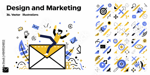 Design and marketing concept with falling man and email envelope illustration