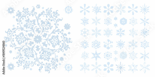 Delicate floral and snowflake patterns in light blue a wintery design