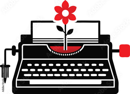 Vintage typewriter with a blooming red flower growing from its paper