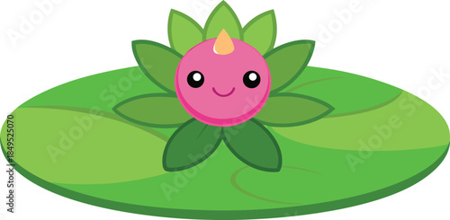 Cute cartoon pink lotus flower with a unicorn horn on a lily pad