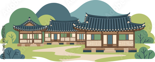 traditional korean village houses with tiled roofs and lush green landscape