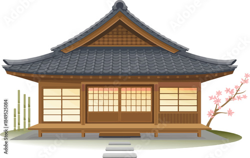 Traditional Japanese house with tiled roof, wooden structure and sliding doors, serene architectural scene with blooming cherry blossoms