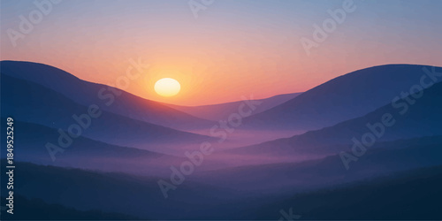 A beautiful orange sunset glows over a misty mountain landscape as the sun dips below the horizon, casting light across the forest valley and clouds at dusk