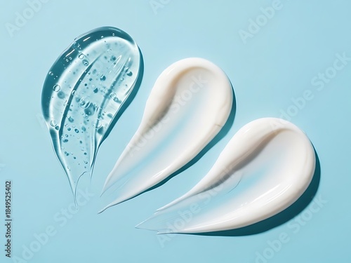 Three textured smears of clear gel and white cream displayed on a light blue background for skincare product marketing